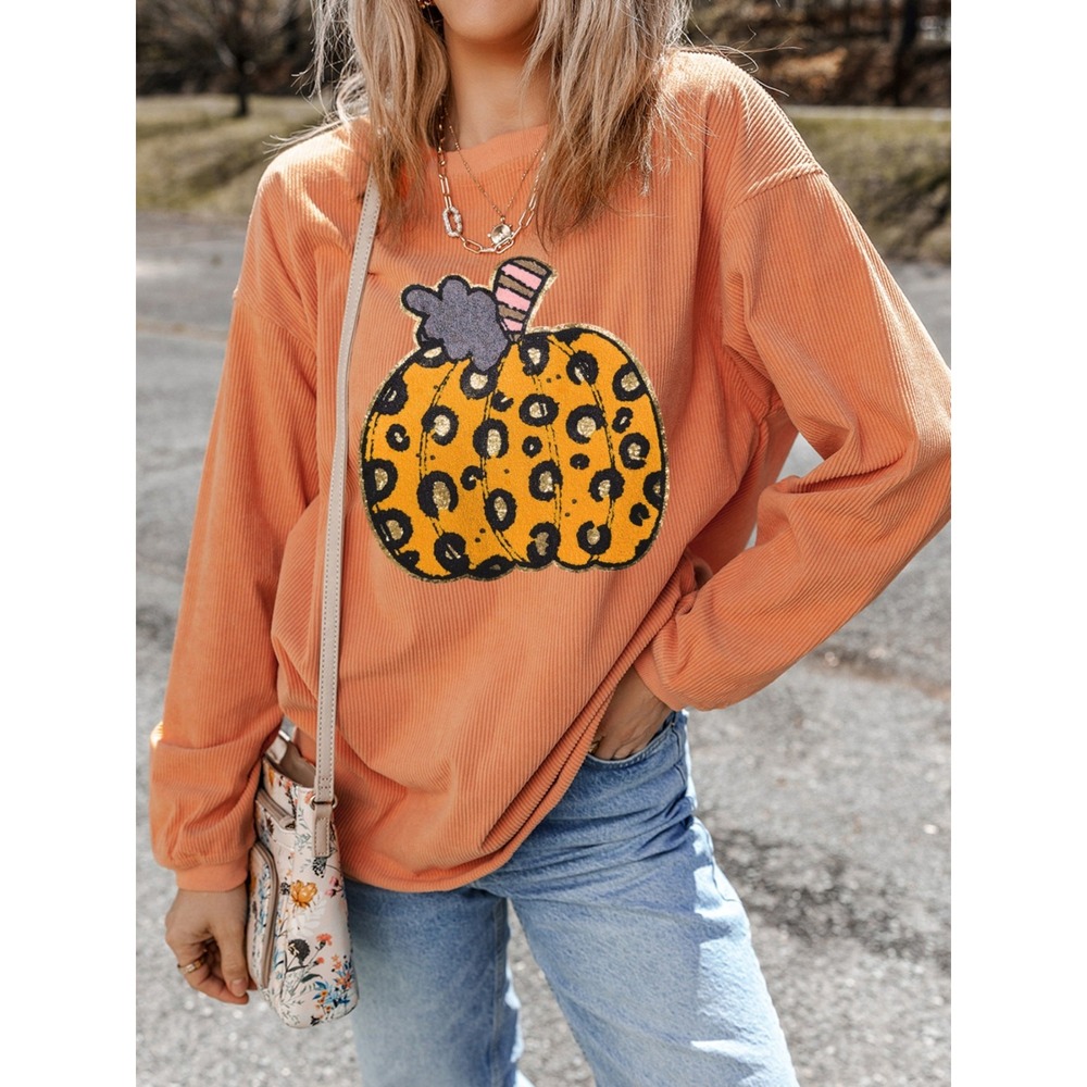 Halloween Leopard Pumpkin Patchwork Ribbed Sweatshirt - Medium